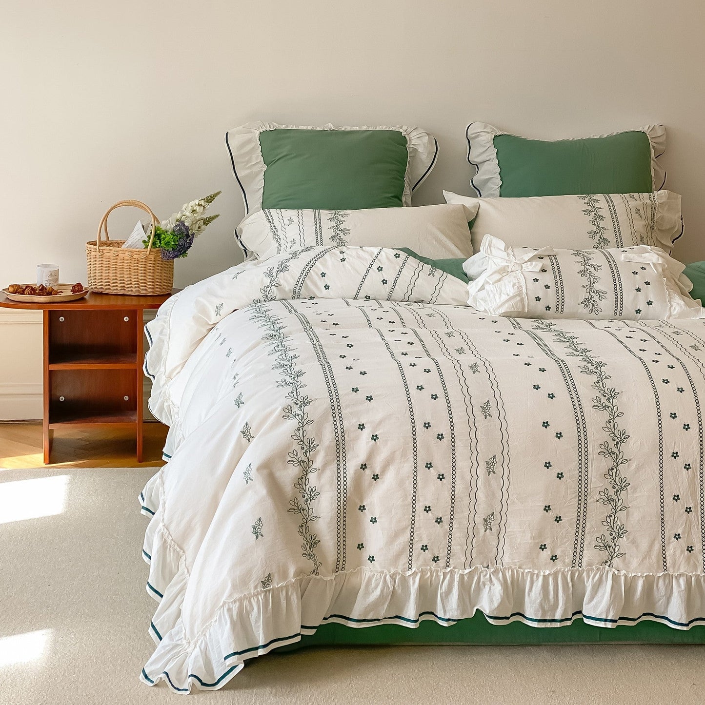 Embroided French Lace Ruffle Bedding Set