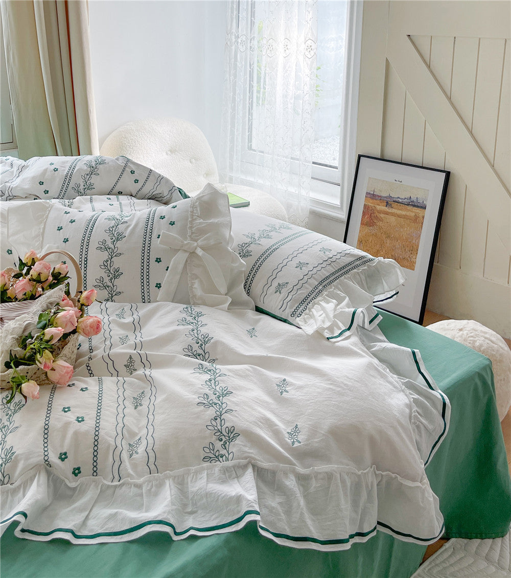 Embroided French Lace Ruffle Bedding Set