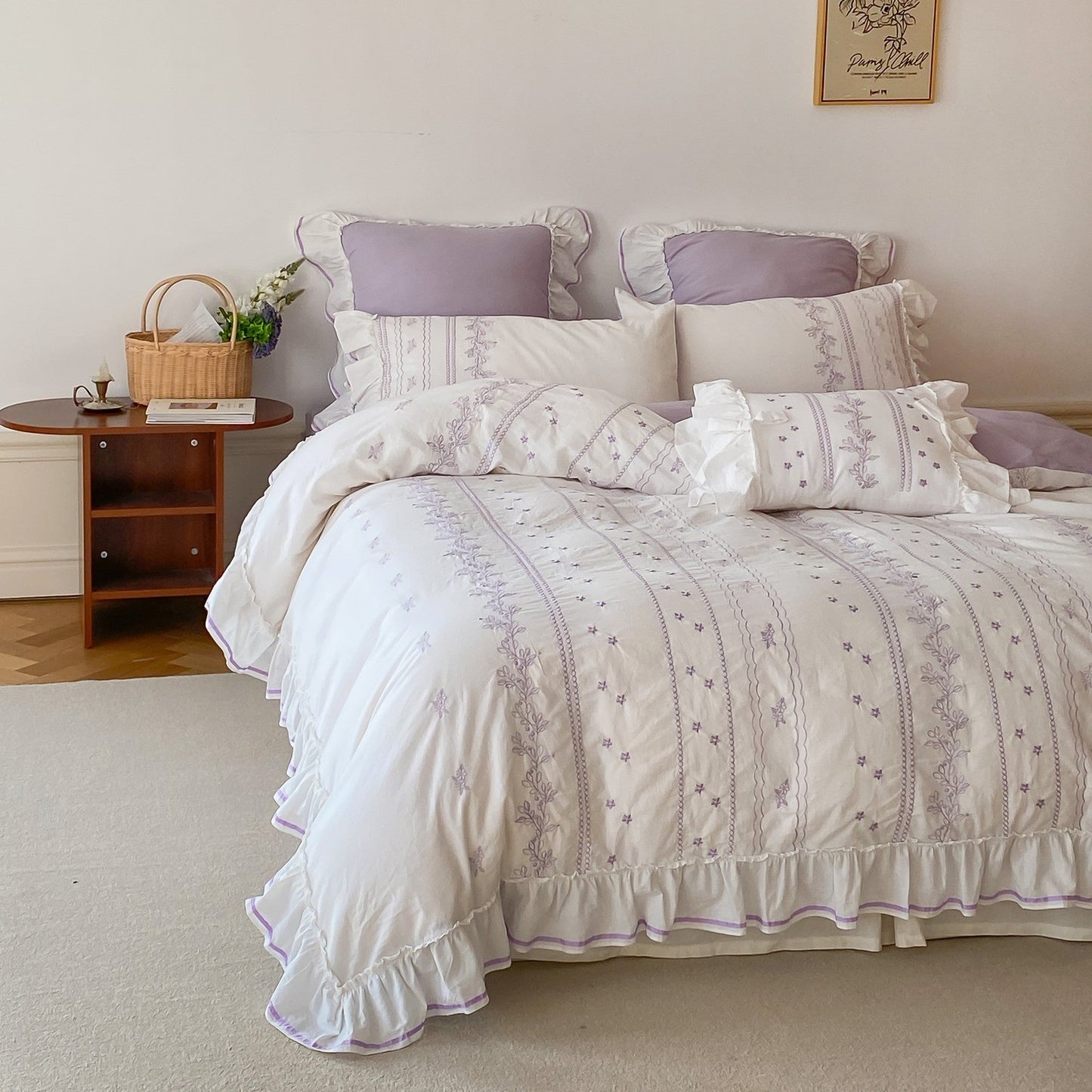 Embroided French Lace Ruffle Bedding Set