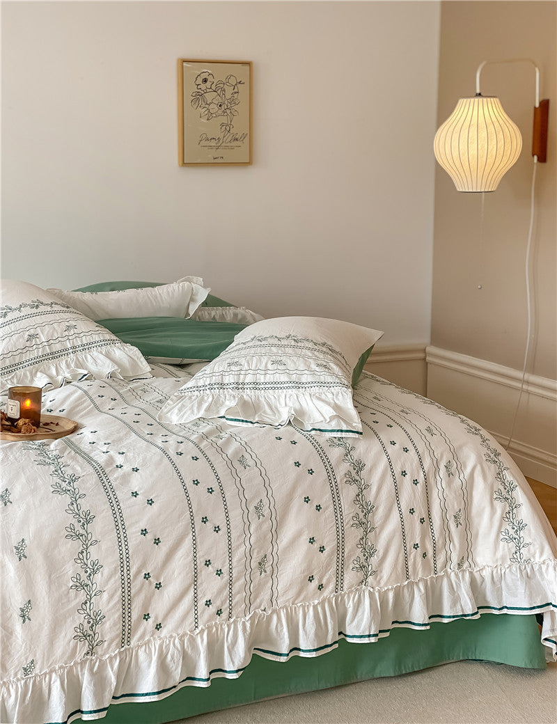 Embroided French Lace Ruffle Bedding Set