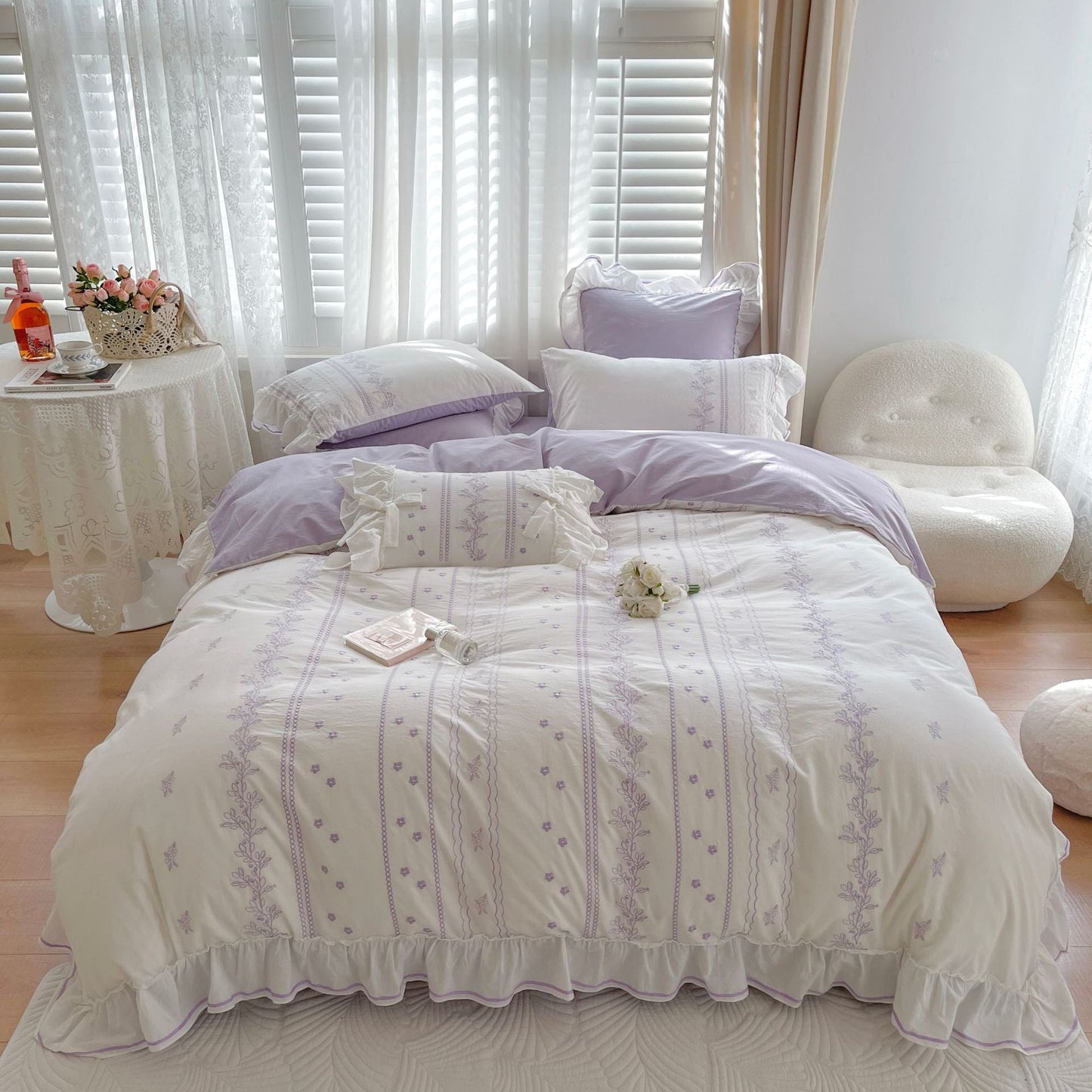 Embroided French Lace Ruffle Bedding Set