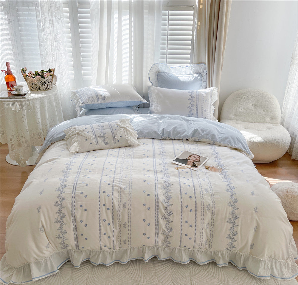 Embroided French Lace Ruffle Bedding Set