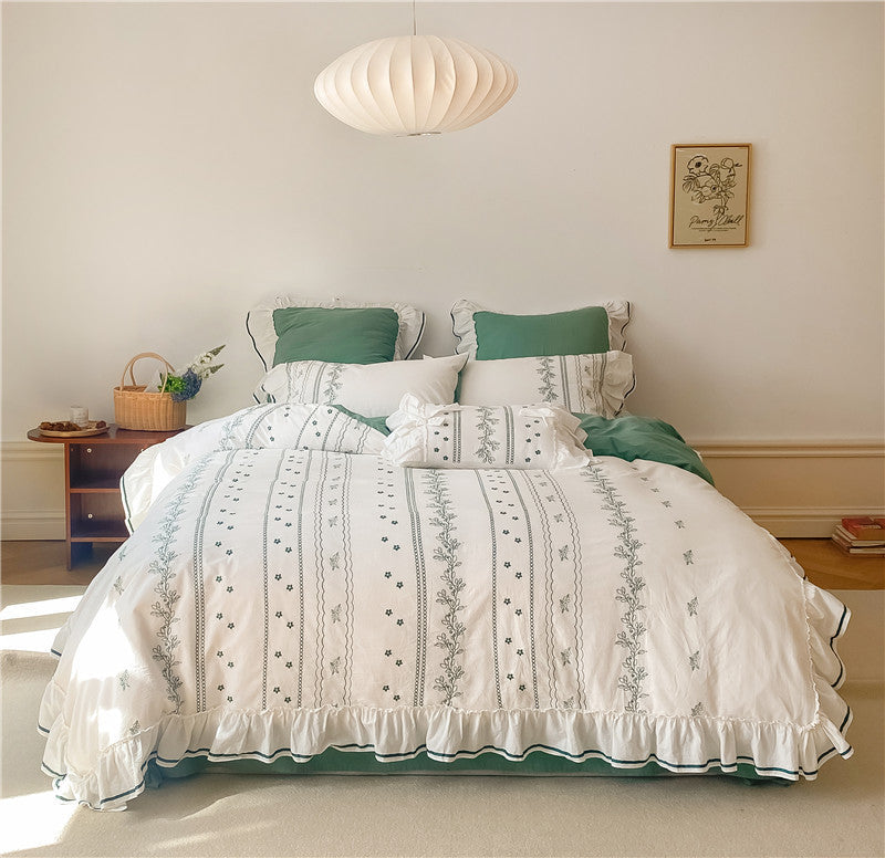 Embroided French Lace Ruffle Bedding Set