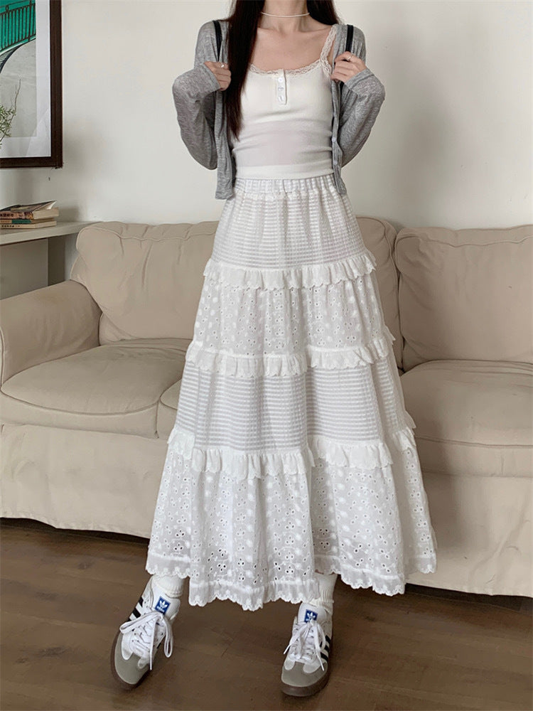 Eyelet Lace Tiered High-Waist Maxi Skirt