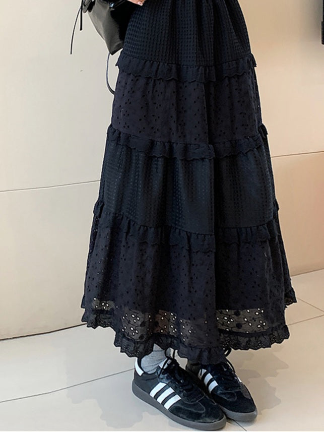 Eyelet Lace Tiered High-Waist Maxi Skirt