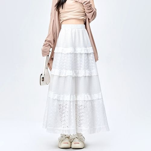 Eyelet Lace Tiered High-Waist Maxi Skirt