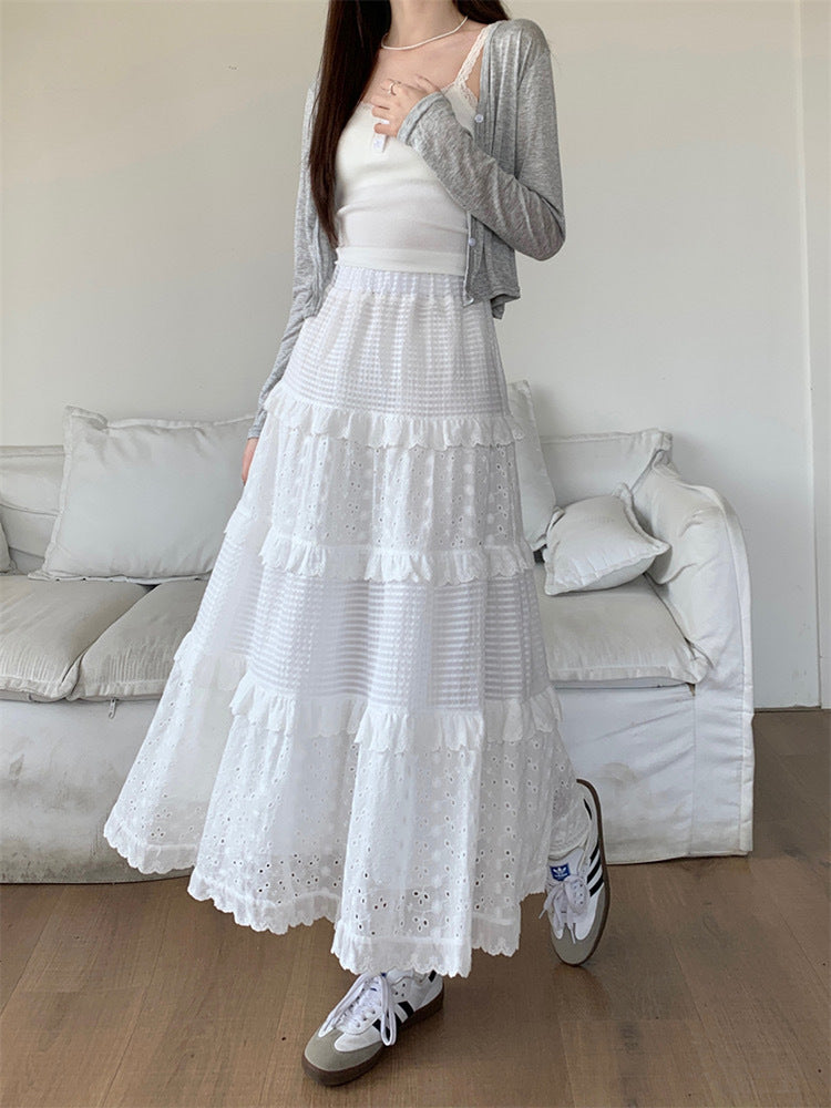 Eyelet Lace Tiered High-Waist Maxi Skirt