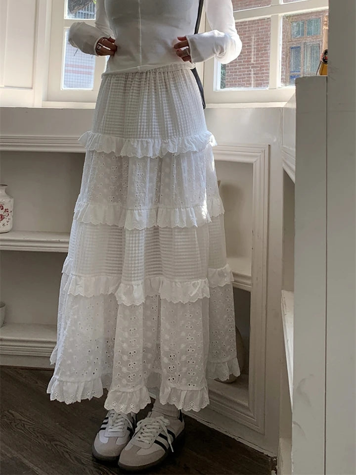 Eyelet Lace Tiered High-Waist Maxi Skirt