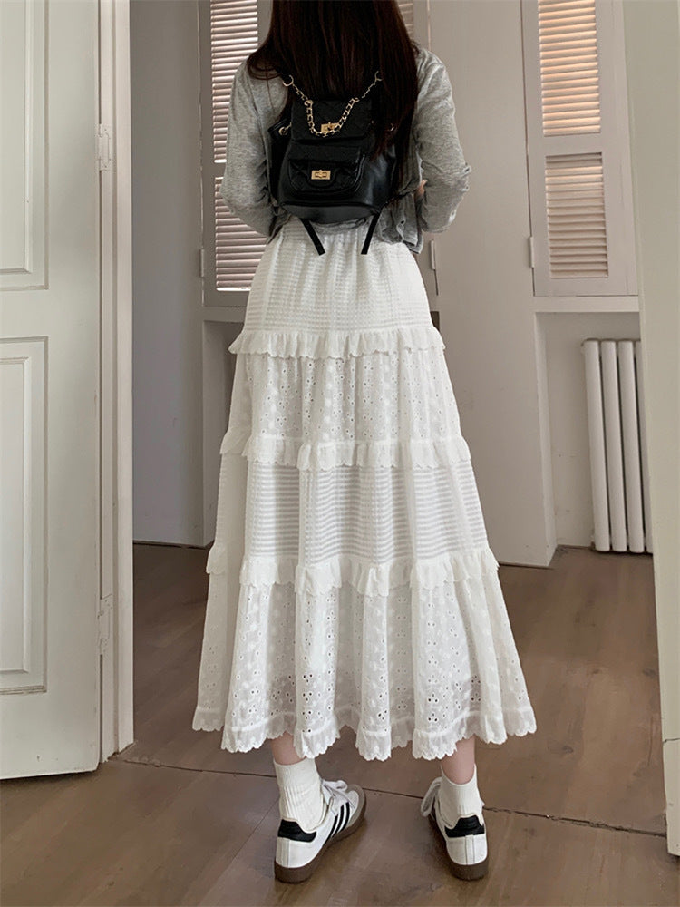 Eyelet Lace Tiered High-Waist Maxi Skirt