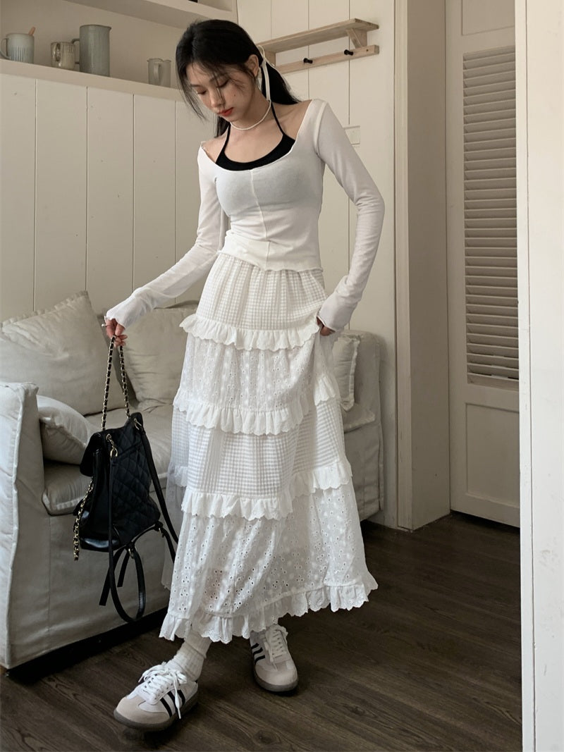 Eyelet Lace Tiered High-Waist Maxi Skirt