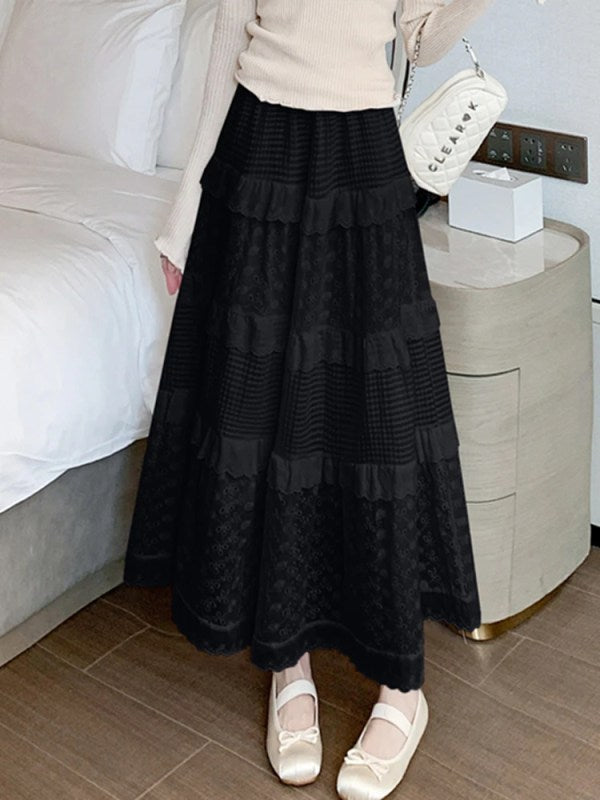 Eyelet Lace Tiered High-Waist Maxi Skirt