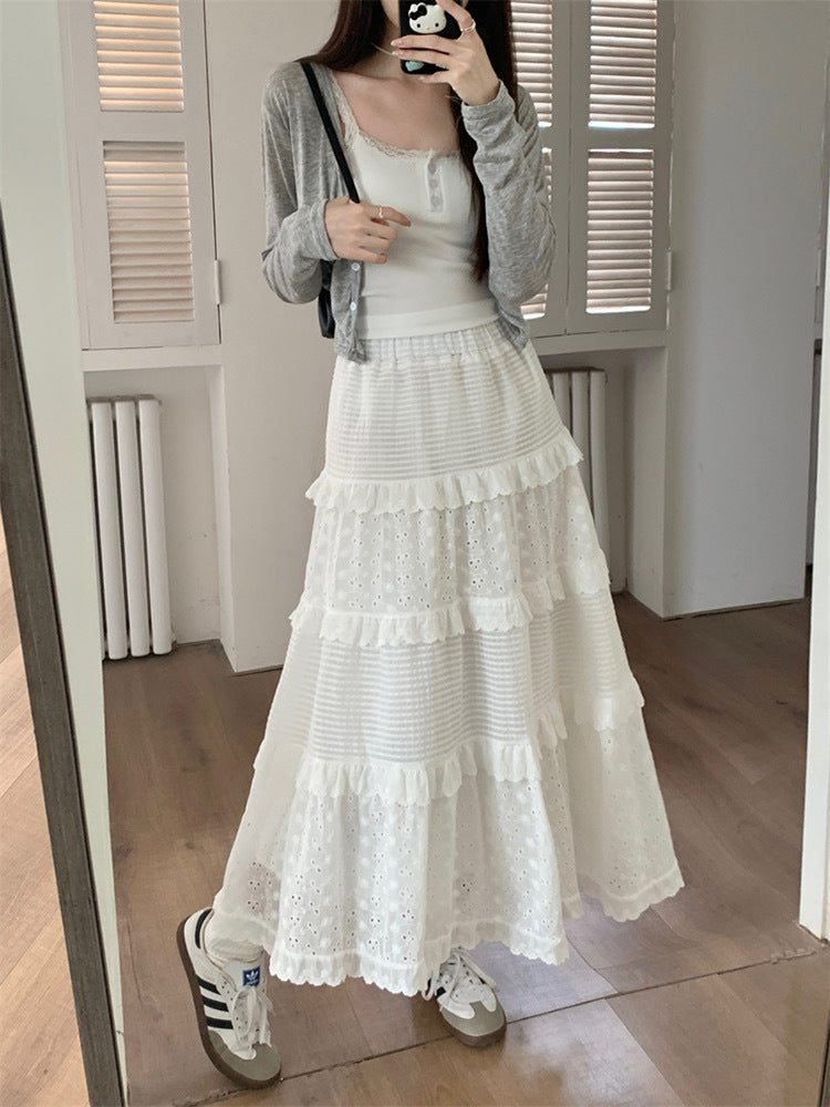 Eyelet Lace Tiered High-Waist Maxi Skirt