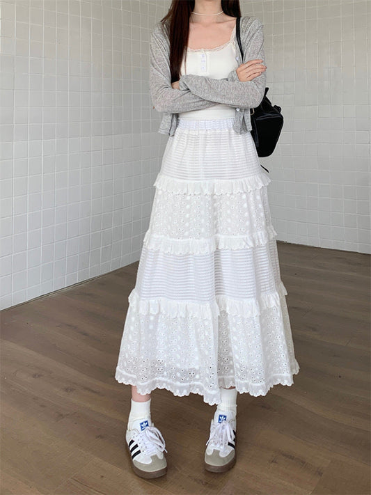 Eyelet Lace Tiered High-Waist Maxi Skirt