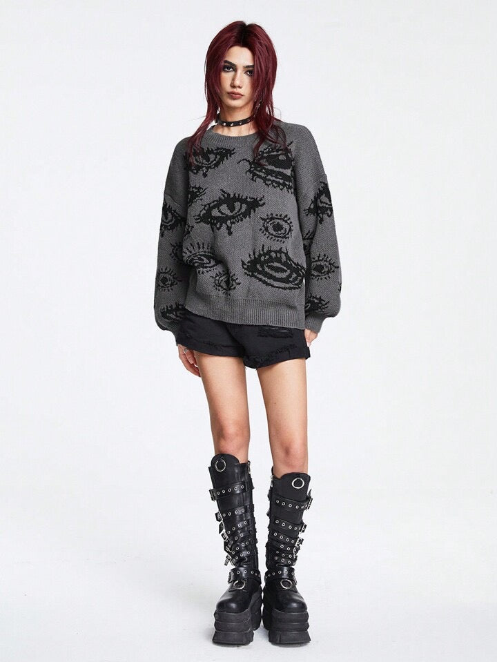 Eyes Pattern Oversize Knit Sweater