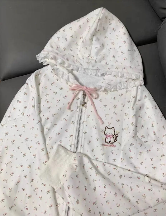 Floral Print Kitty Lace-Trimmed Hoodie