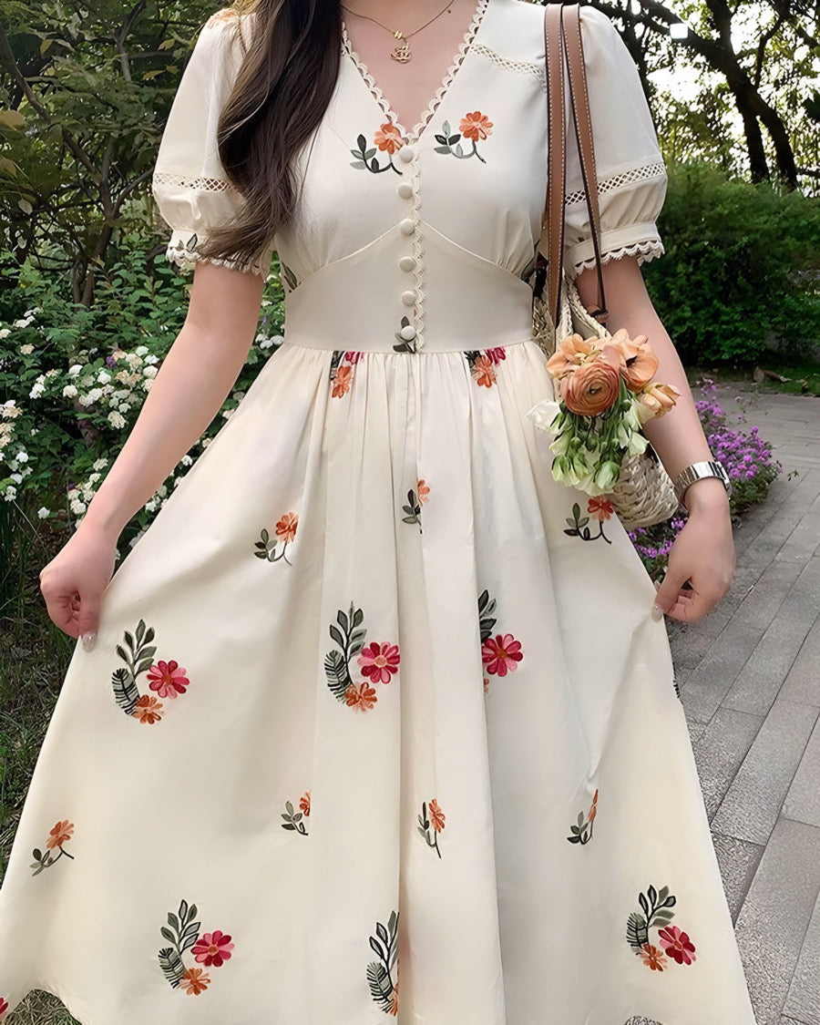 Floral Lace Trim Puff Sleeve Midi Dress