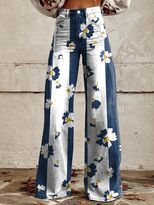 Floral Print Color Contrast Wide Leg Pant