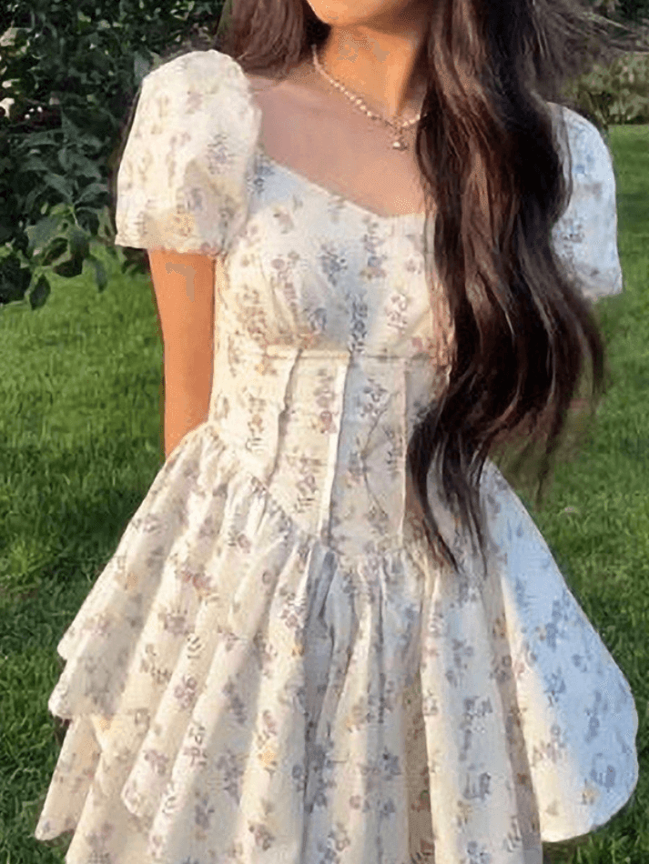 Floral Puff Sleeve Corset Tiered Mini Dress