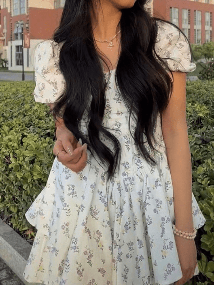 Floral Puff Sleeve Corset Tiered Mini Dress