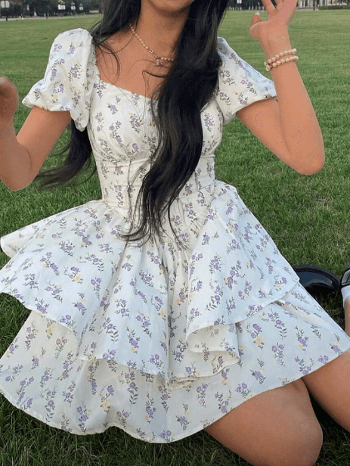 Floral Puff Sleeve Corset Tiered Mini Dress