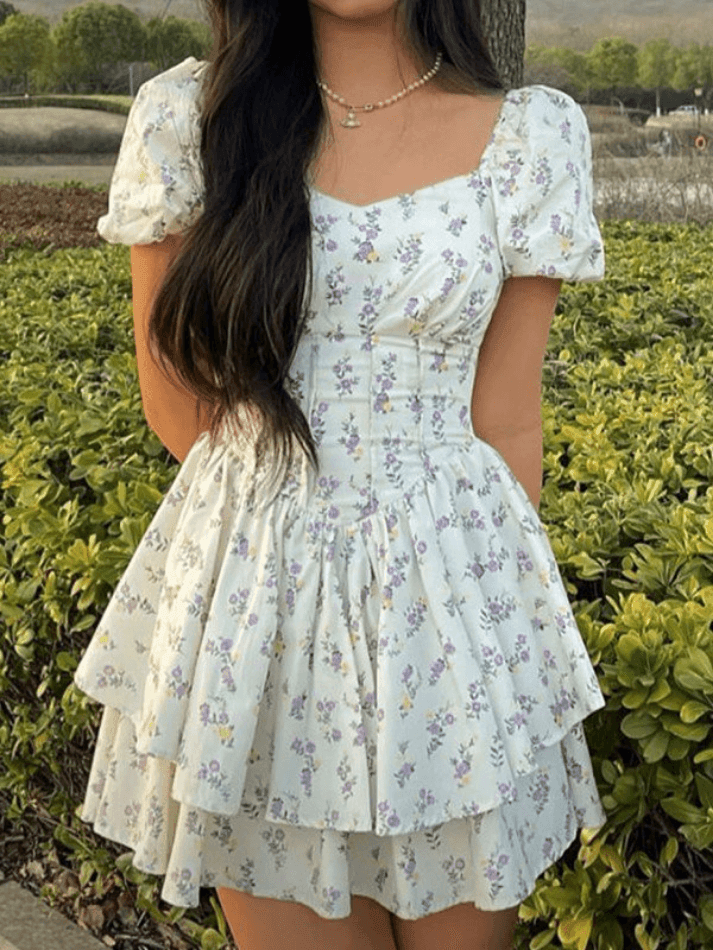 Floral Puff Sleeve Corset Tiered Mini Dress