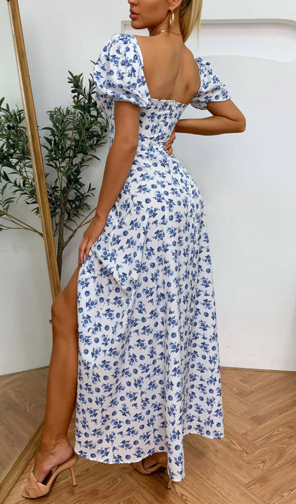 Floral Puff Sleeve Slit Front Midi Dress