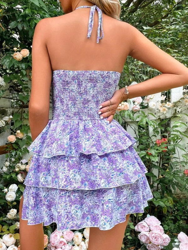 Floral Smocked Bust Cut-Out Layered Dress