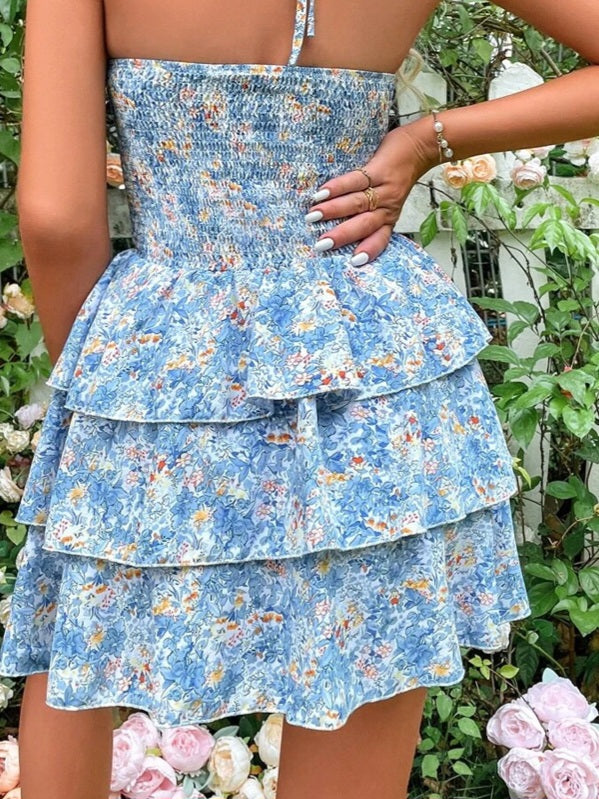 Floral Smocked Bust Cut-Out Layered Dress