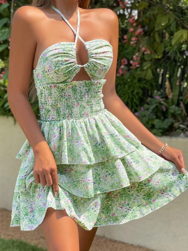 Floral Smocked Bust Cut-Out Layered Dress