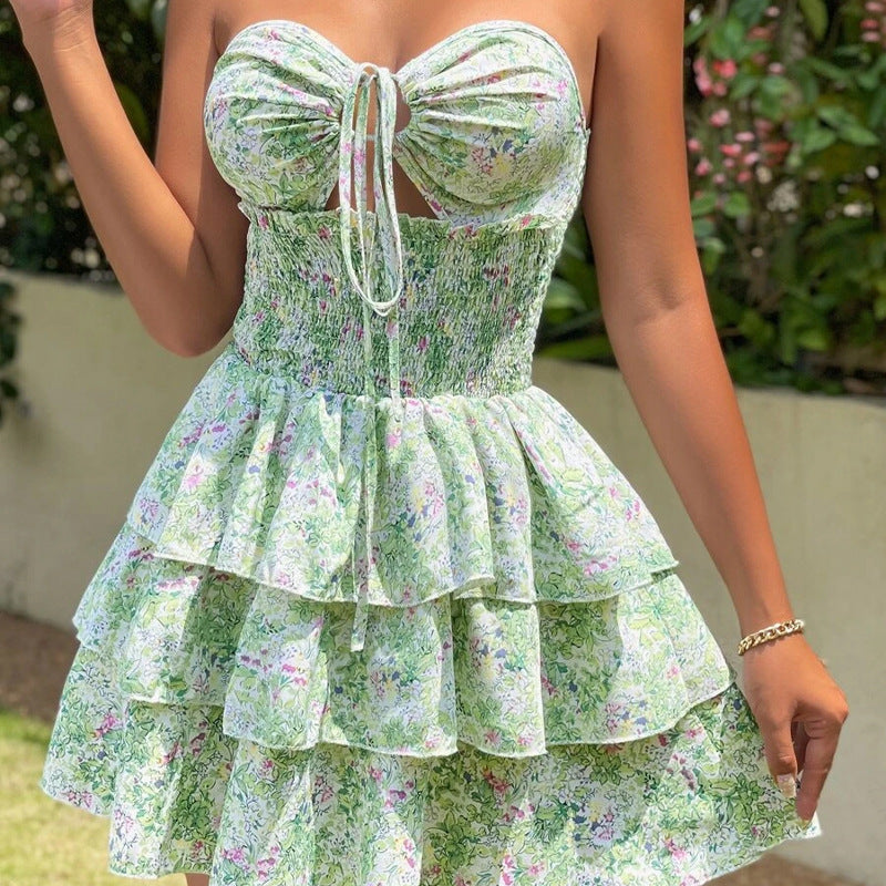 Floral Smocked Bust Cut-Out Layered Dress