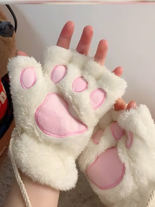 Fluffy Cat Paw Fingerless Gloves