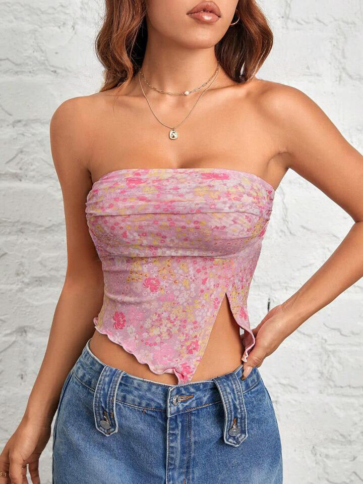 Flutter Hem Side Slit Asymmetric Tube Top