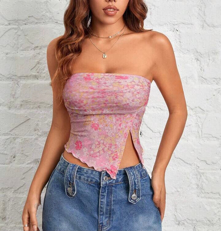 Flutter Hem Side Slit Asymmetric Tube Top