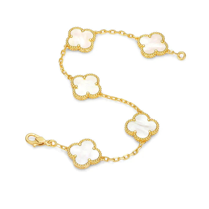 Gold White 5 Motif Clover Bracelet