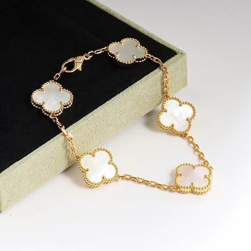 Gold White 5 Motif Clover Bracelet