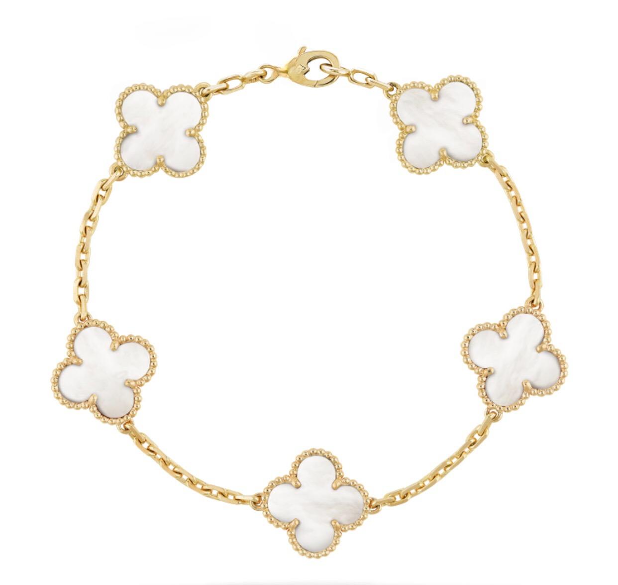 Gold White 5 Motif Clover Bracelet