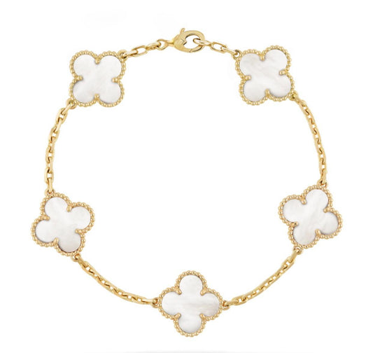 Gold White 5 Motif Clover Bracelet