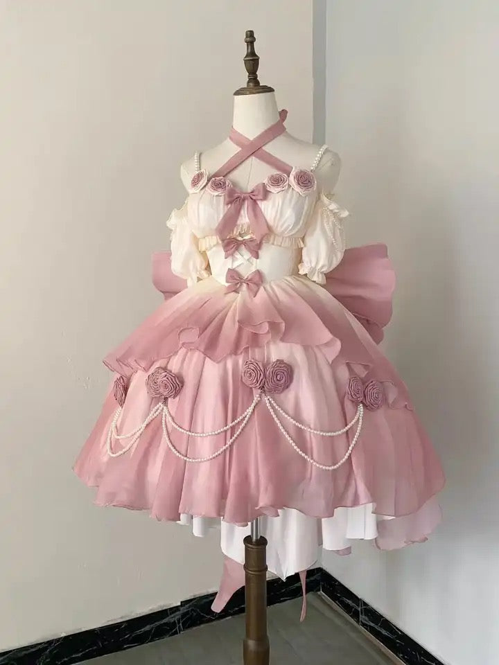 Gradient Bowknot Pearl Rosette Lolita Dress