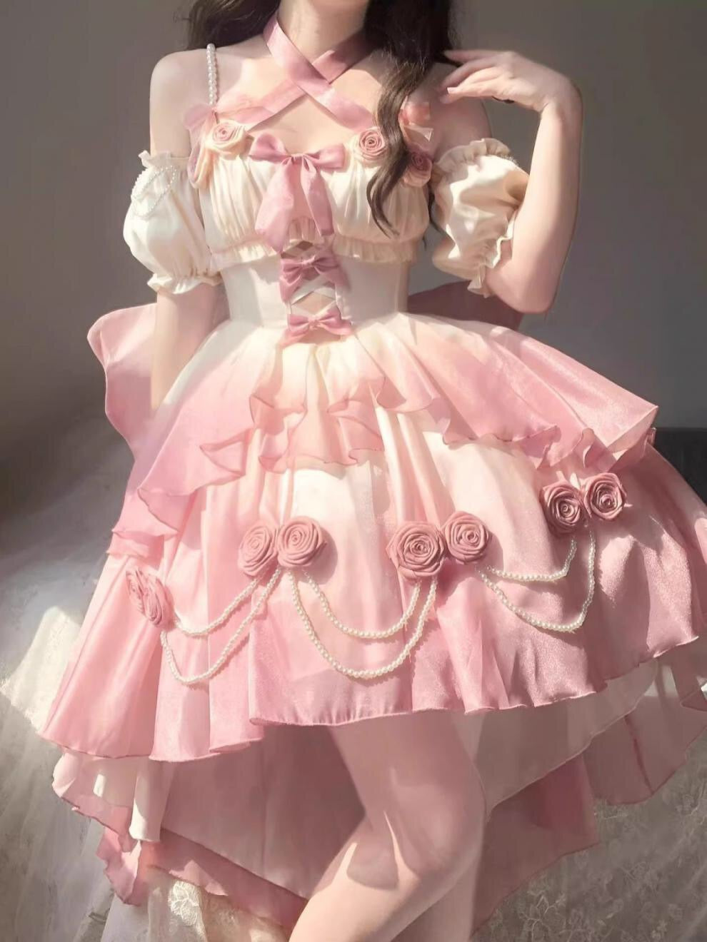 Gradient Bowknot Pearl Rosette Lolita Dress