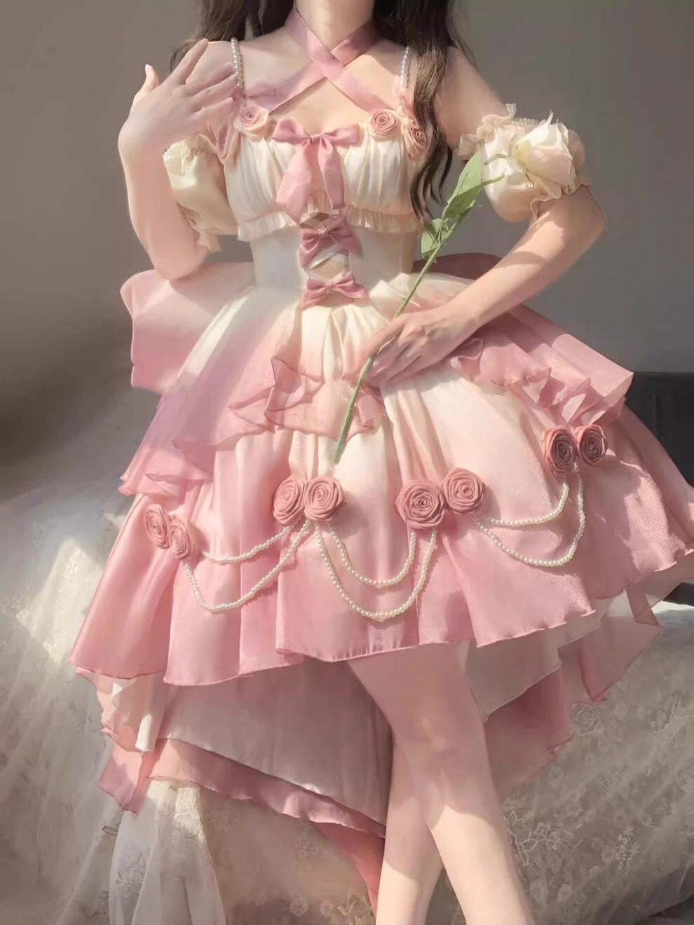 Gradient Bowknot Pearl Rosette Lolita Dress