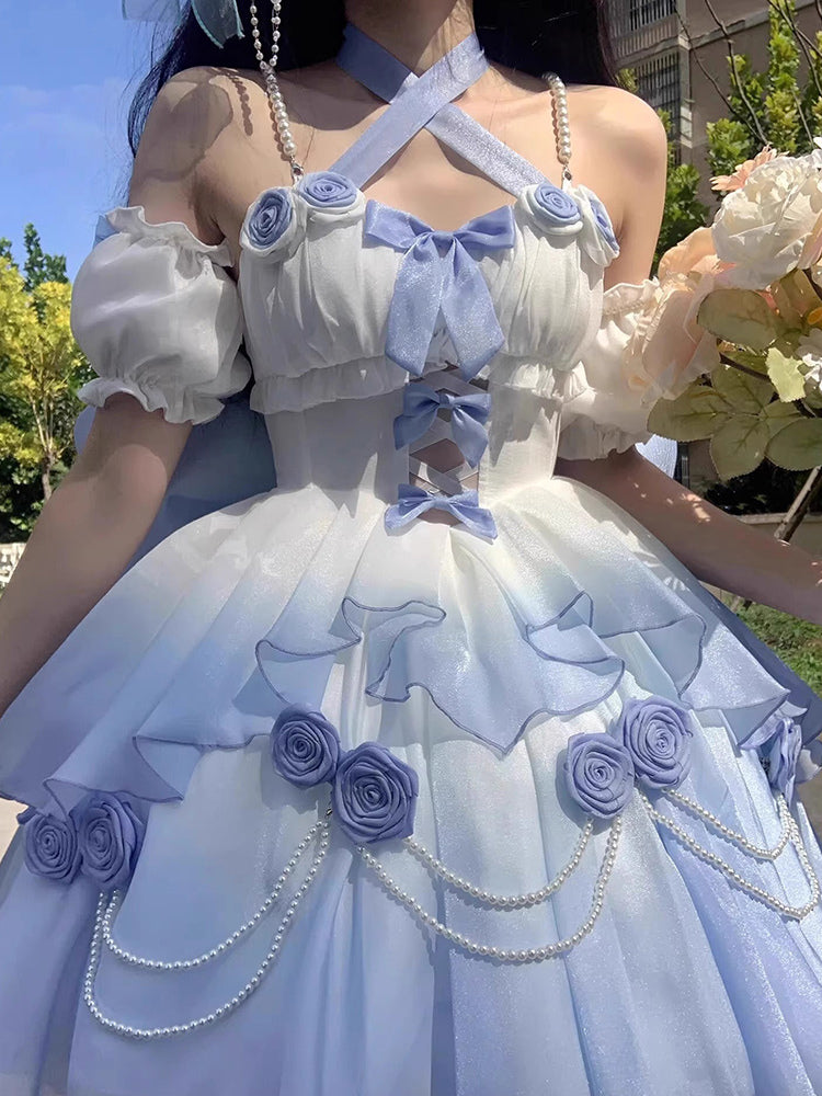 Gradient Bowknot Pearl Rosette Lolita Dress