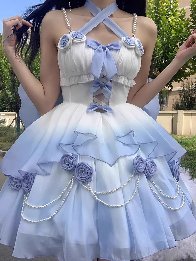 Gradient Bowknot Pearl Rosette Lolita Dress