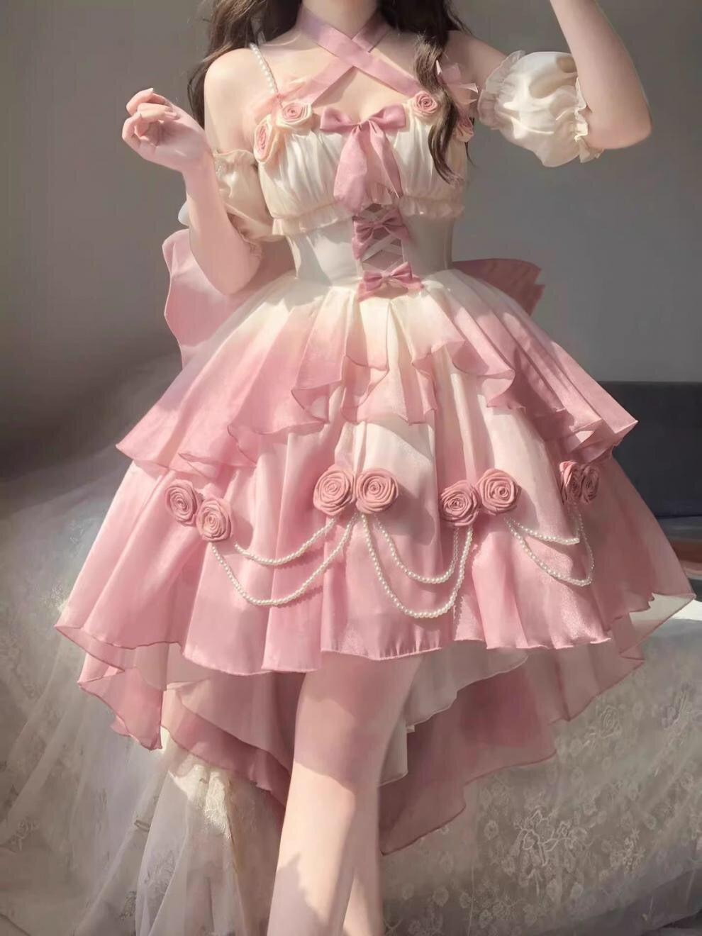 Gradient Bowknot Pearl Rosette Lolita Dress