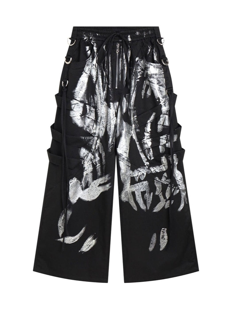 Graffiti Side Straps Wide Leg Pants