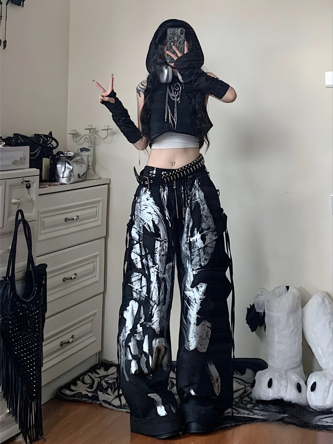 Graffiti Side Straps Wide Leg Pants