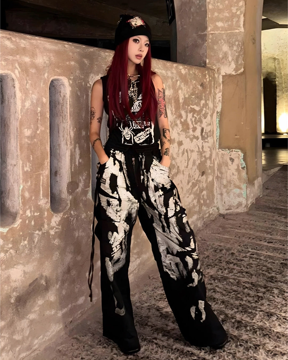 Graffiti Side Straps Wide Leg Pants