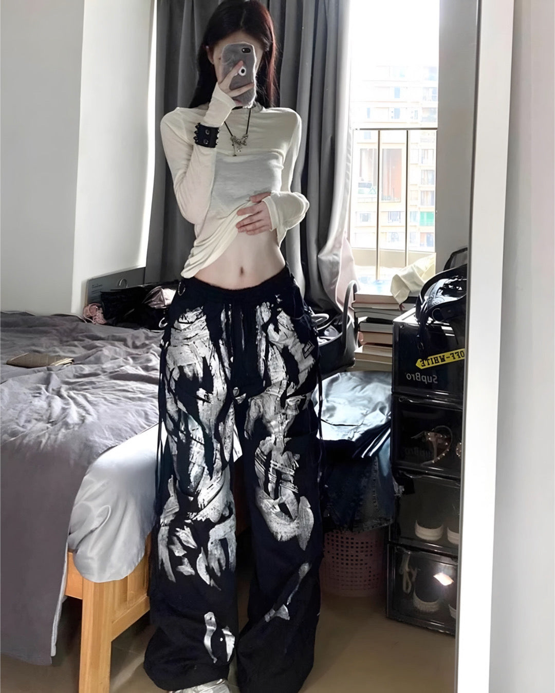 Graffiti Side Straps Wide Leg Pants