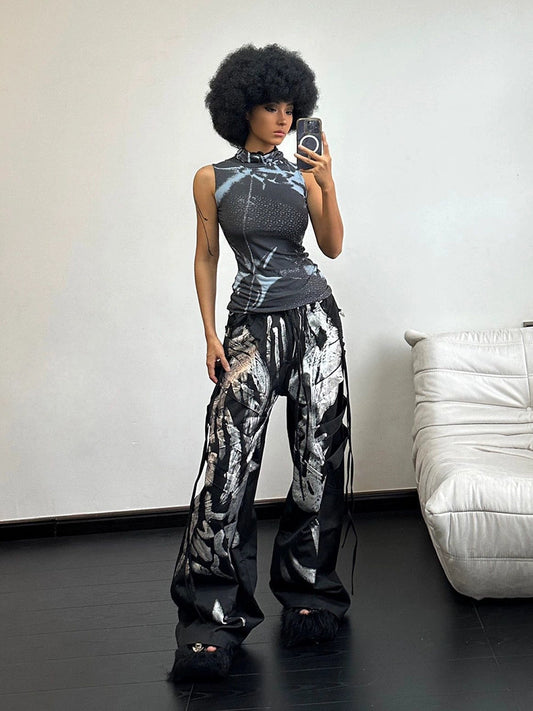 Graffiti Side Straps Wide Leg Pants