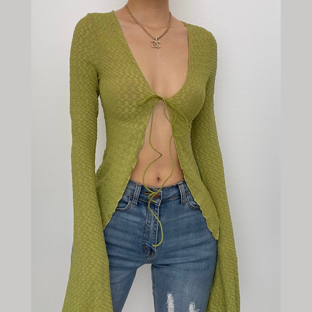 Green Textured Tie-Up Bell Sleeve Top