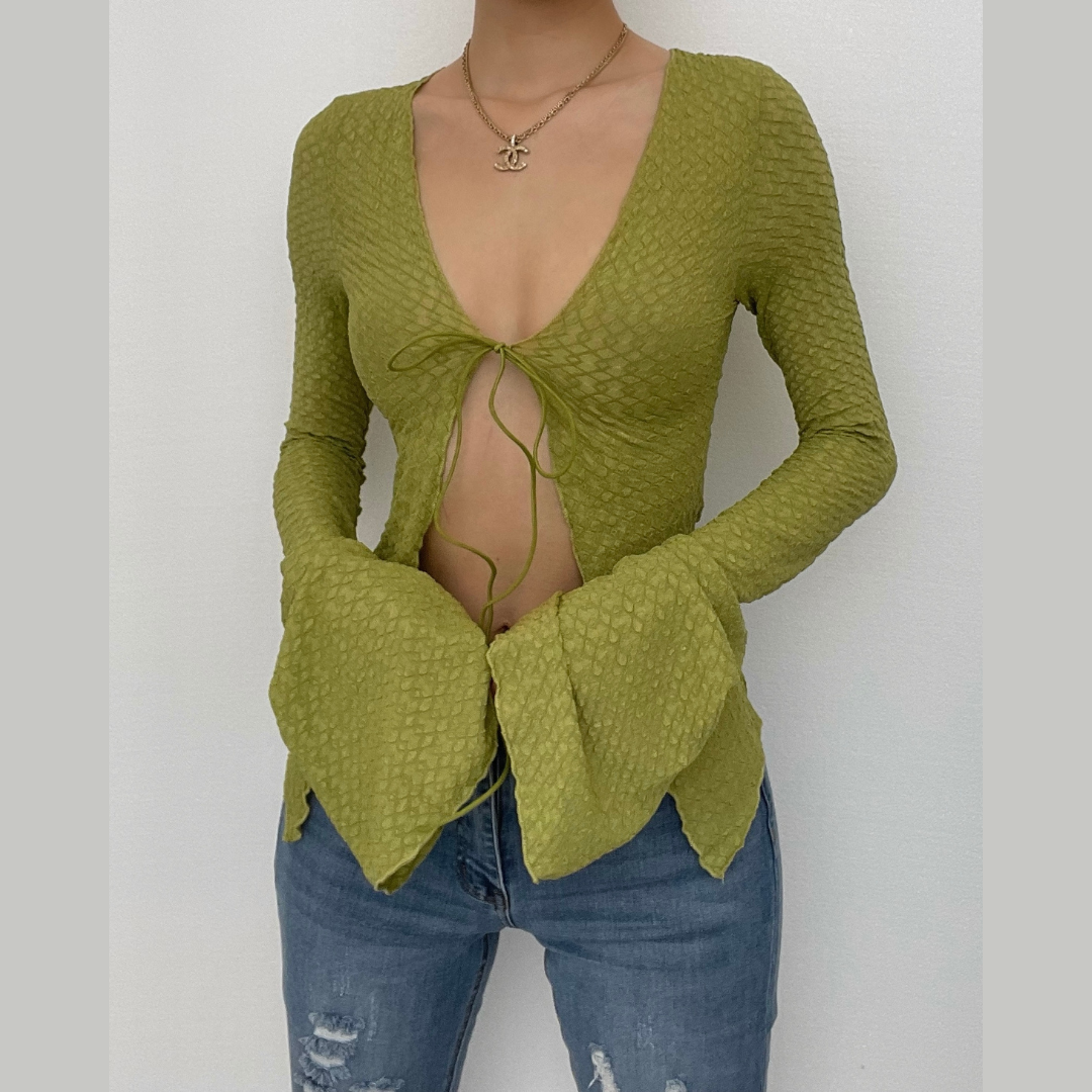 Green Textured Tie-Up Bell Sleeve Top